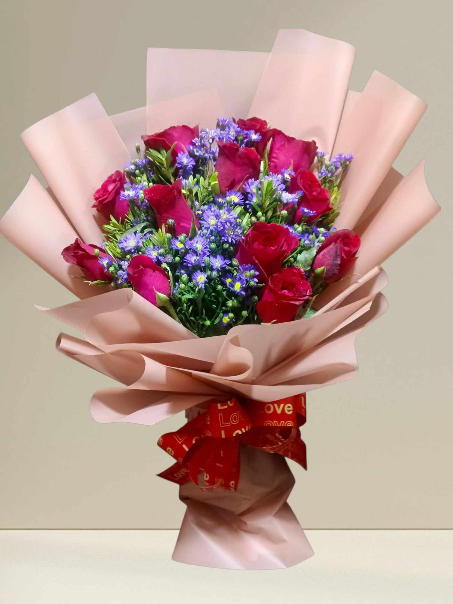 1dz Red Roses with Purple baby's Breath