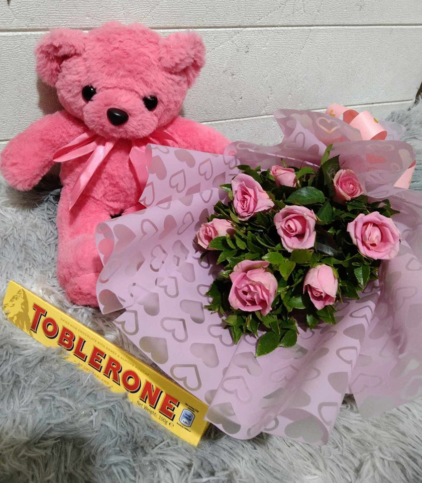 6 Pink Roses and Pink Bear