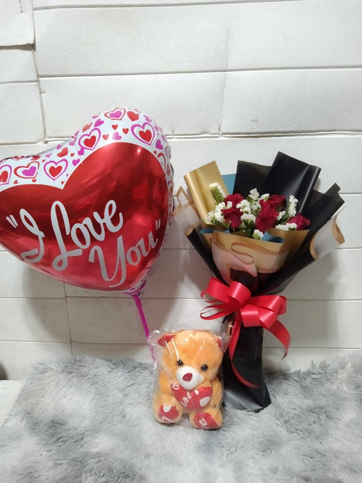6 Roses Balloon and Bear