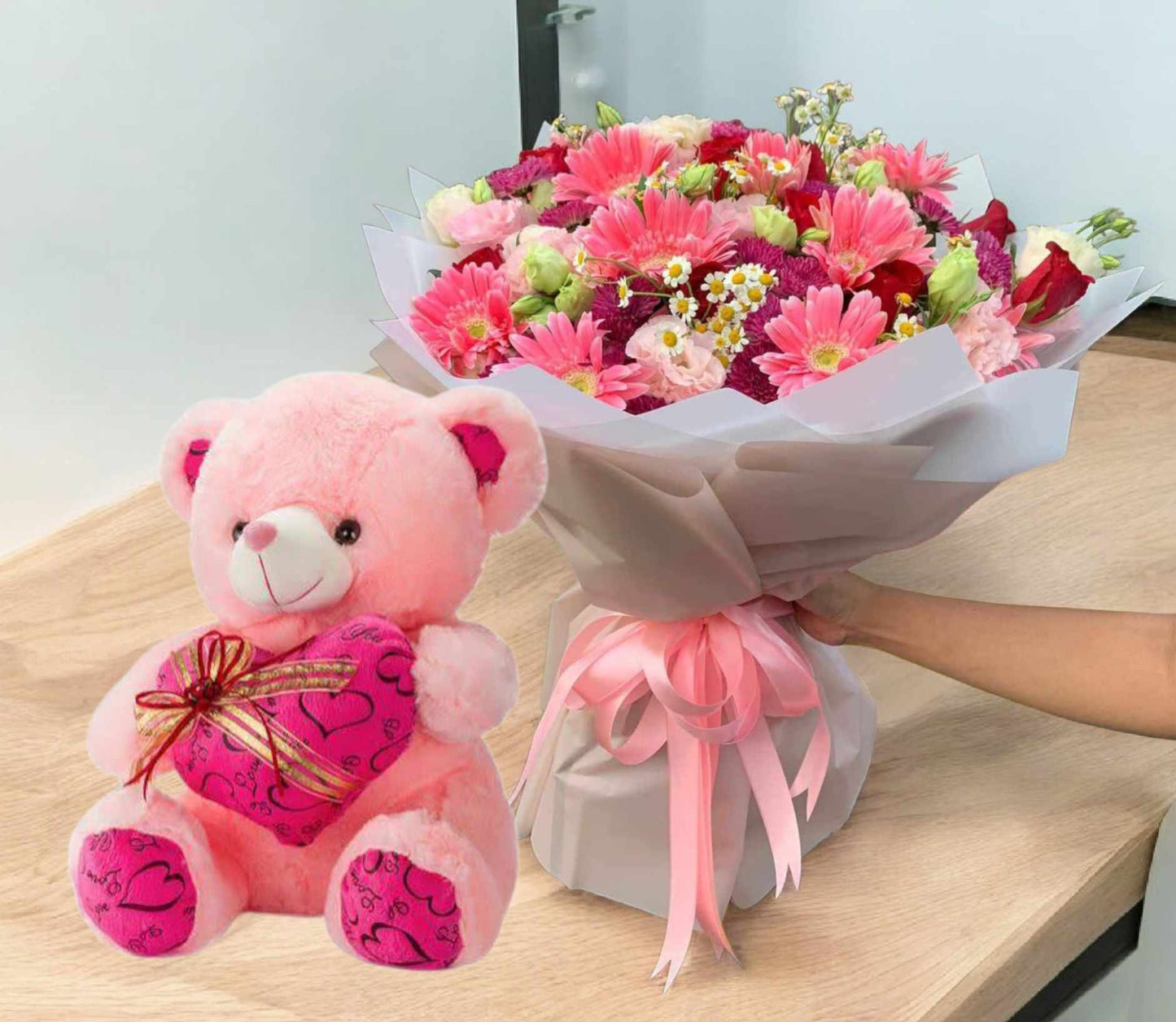 Pink Flowers and Bear