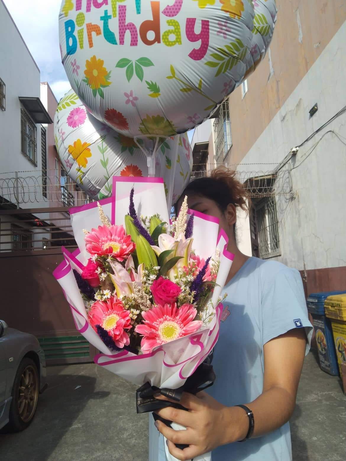 Flowers with Happy Birthday Balloons
