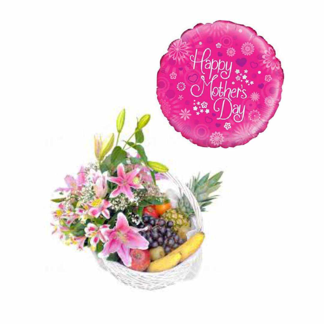 3 Stems Pink lily and Fruits in Basket