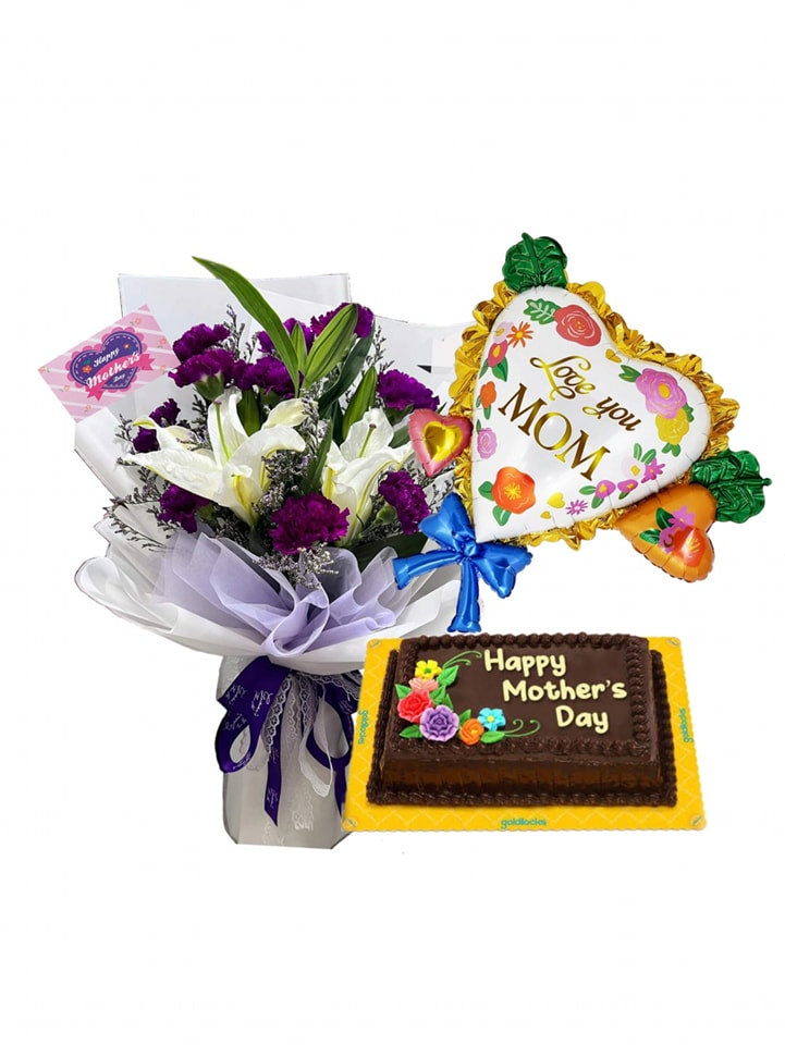 Purple white flowers with Balloon and Cake