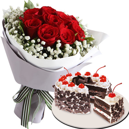 Red Roses Bouquet and Black Forest Cake