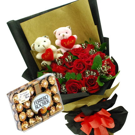 Roses with Mini Bears and Ferrero Rocher
