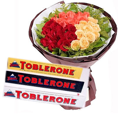 36 Mixed Roses with Toblerone Chocolate 3 bars