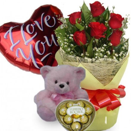 6 roses Ferrero Bear Balloon