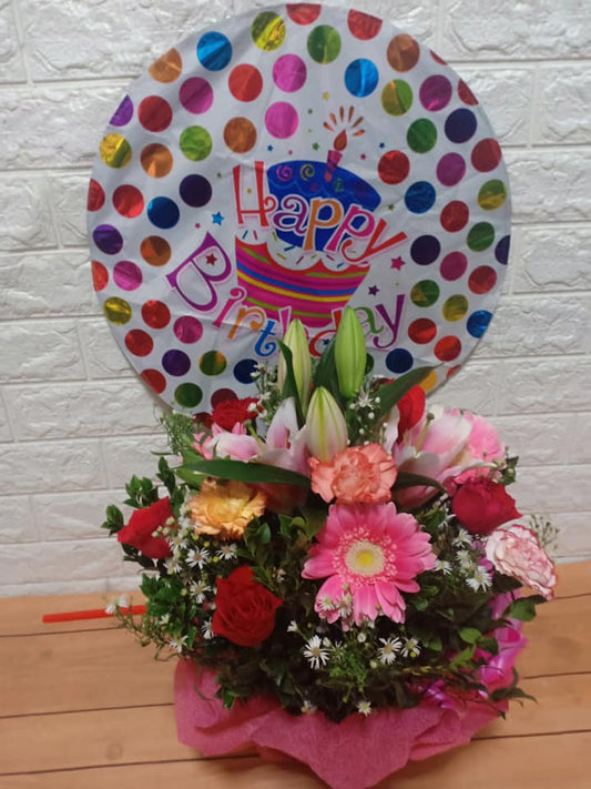 Mixed Flowers with Birthday Balloon
