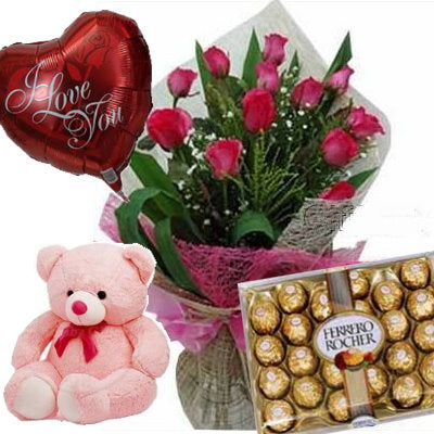 Pink Roses Bear Ferrero and Balloon