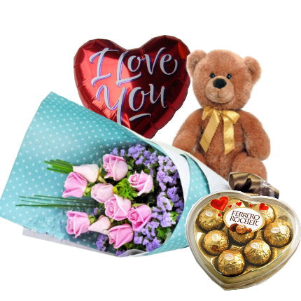 12 Pink Roses Bear Ferrero and Balloon
