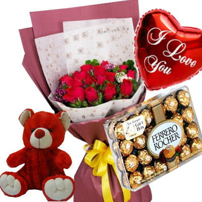Red Roses Bear Ferrero and Balloon