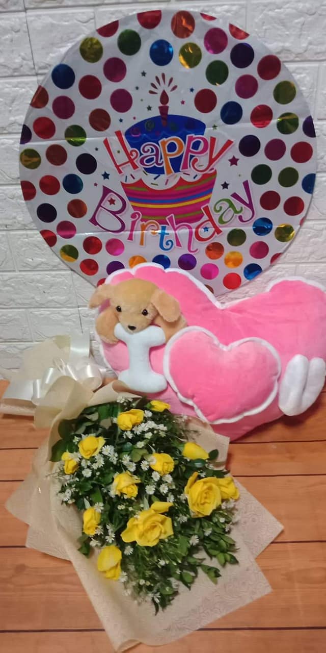 1dz Yellow Roses Bouquet with Wesley Pillow and Balloon