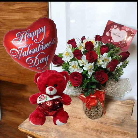 12 Red Roses Balloon and Bear