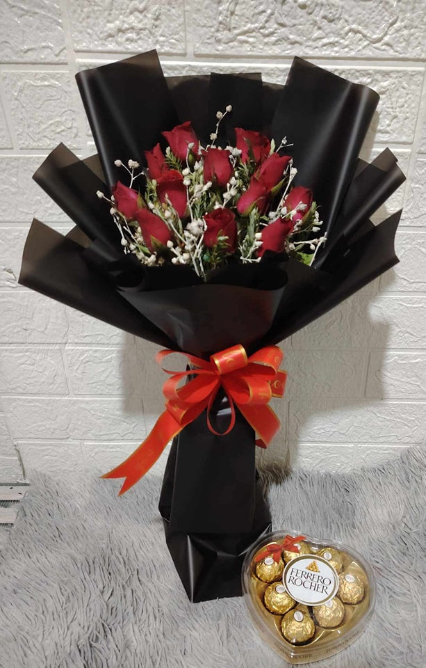 1dz red roses with heart-shaped Ferrero