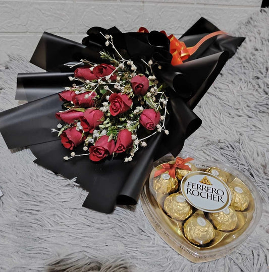 1dz red roses with heart-shaped Ferrero