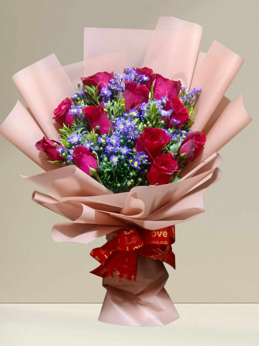 1dz Red Roses with Purple baby's Breath