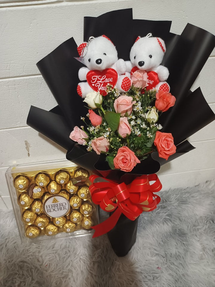 24 Mixed Roses with Ferrero and Bear