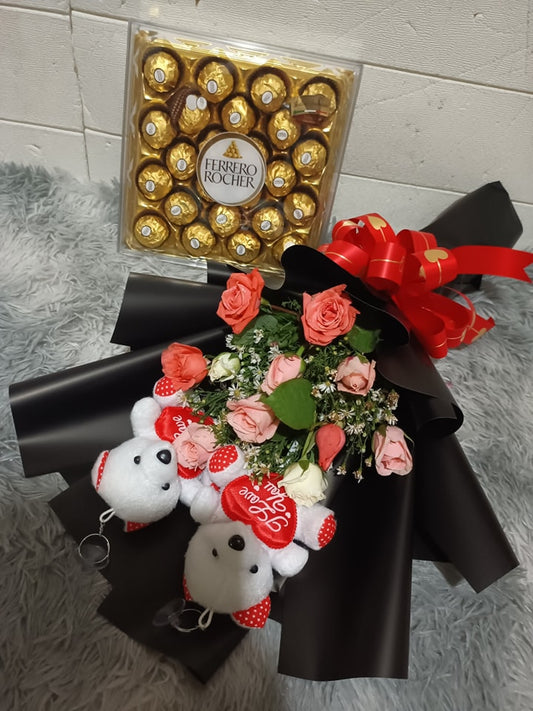 24 Mixed Roses with Ferrero and Bear