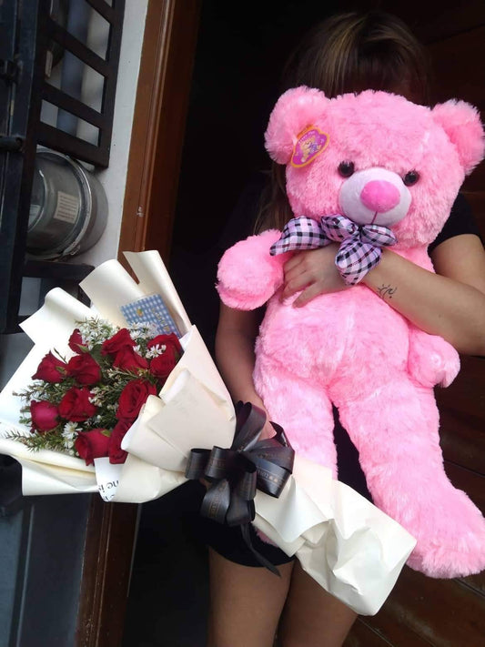 Red Roses with 2ft Pink Bear