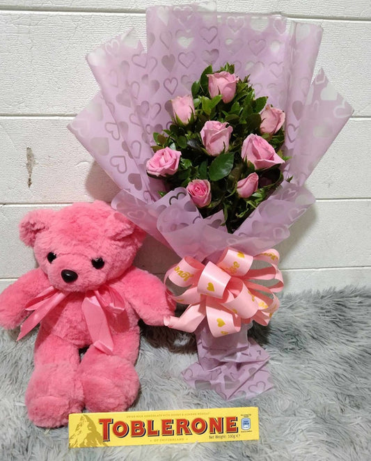 6 Pink Roses and Pink Bear