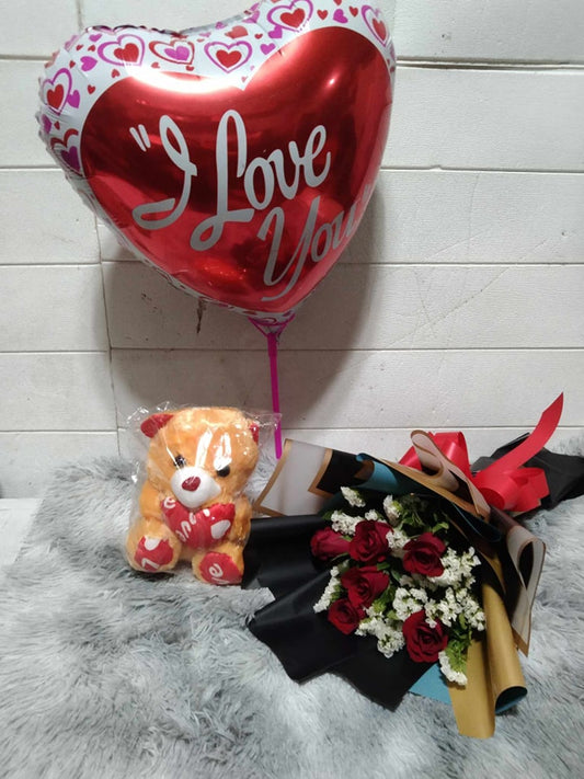 6 Roses Balloon and Bear