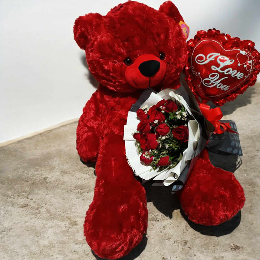 Red Bear With Roses and Balloon