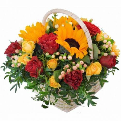 Sunflowers and Roses in Basket