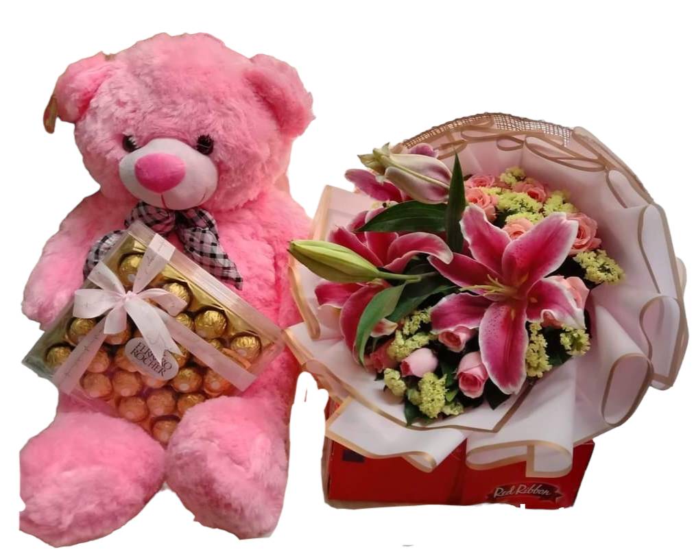 Mixed Flowers Teddy Cake and Chocolate