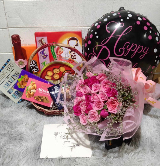Roses with Gift Hamper Basket