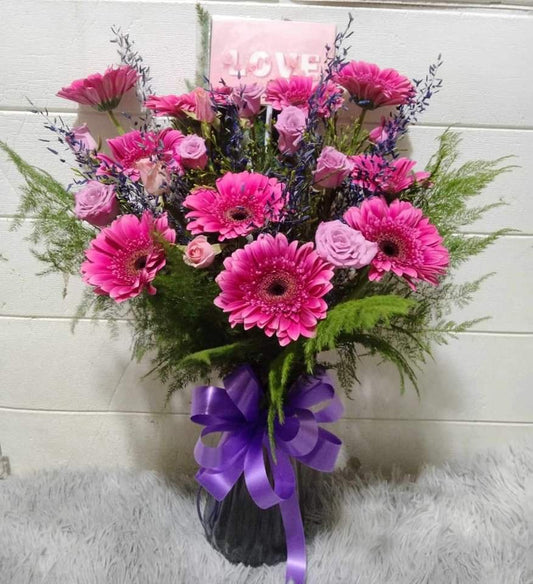 Purple Gerberas and Roses in Vase
