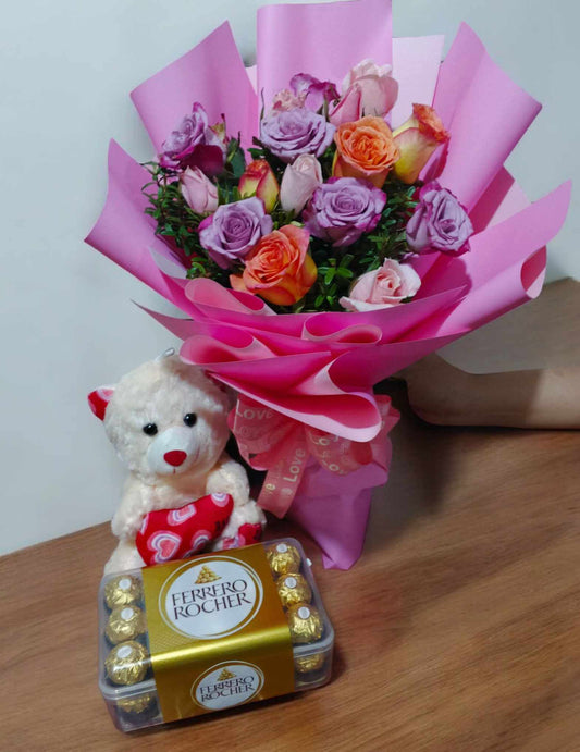 1dz. Mixed Roses Teddy Bear and Ferrero