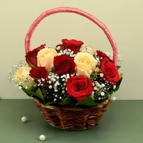 6 Red and 6 Peach Roses in Basket