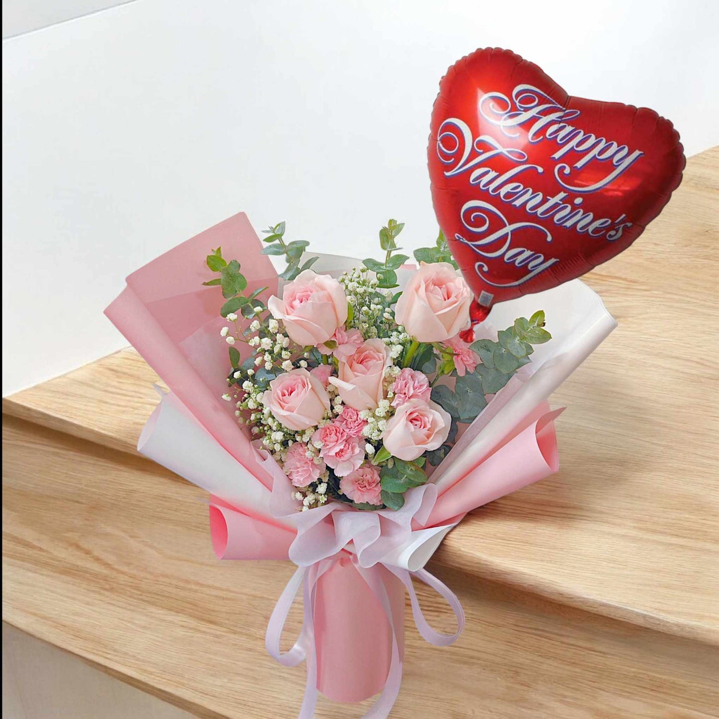 Pink Flowers with Vday Balloon
