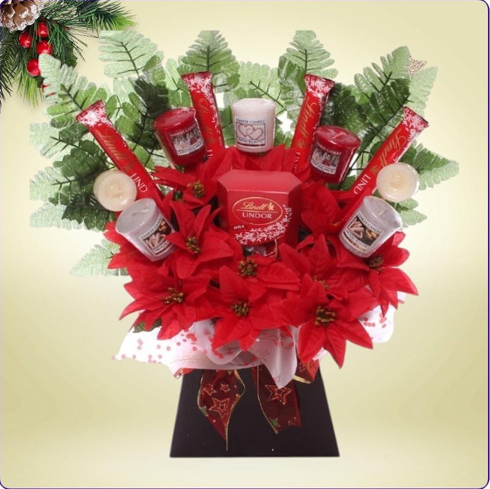 Poinsettia and Candle Christmas Bouquet