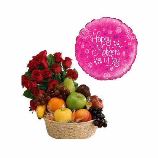Red Roses with Fruits in Basket