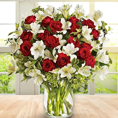 Red Roses with Alstromerias in Vase