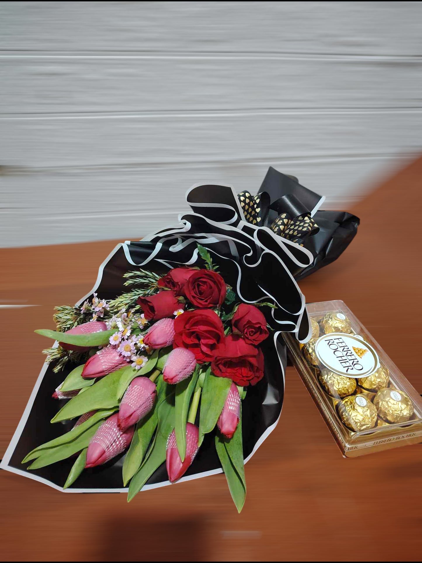 Red Roses and Tulis with Ferrero