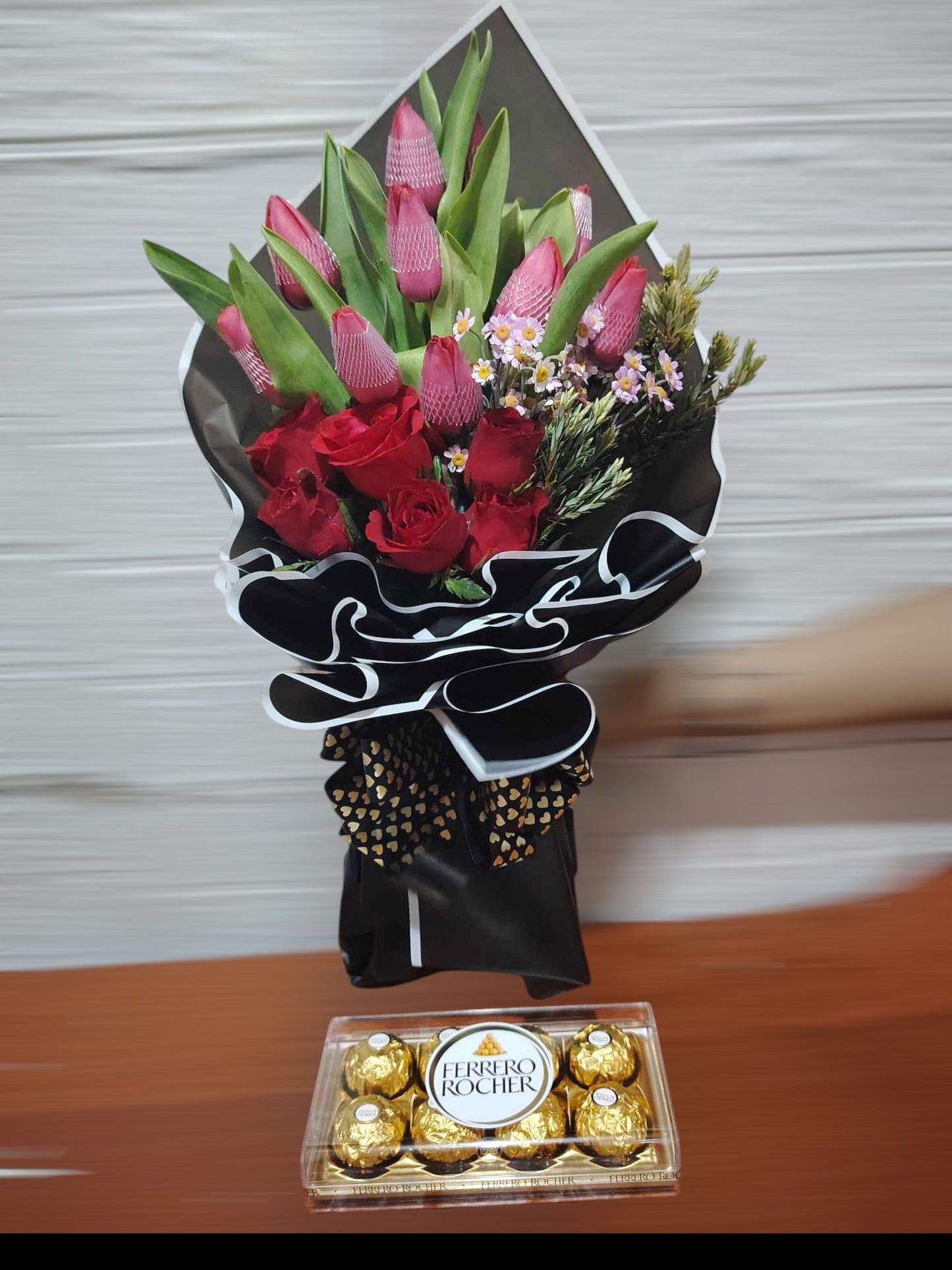 Red Roses and Tulis with Ferrero