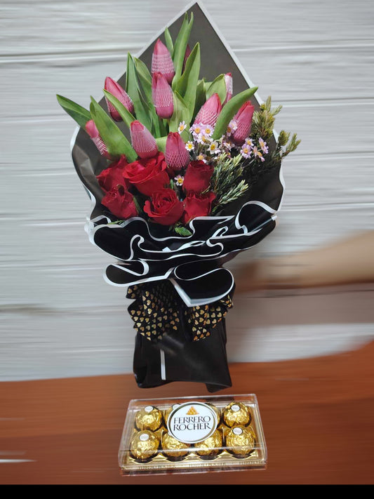 Red Roses and Tulis with Ferrero