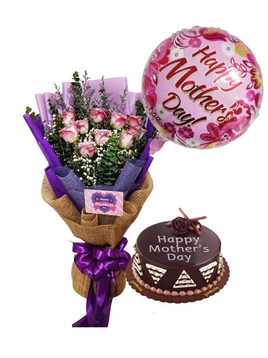 Two Toned Purple Roses with Cake and Balloon