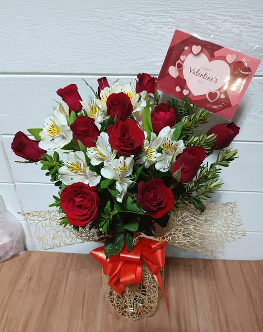 12 Red Roses with Alstromerias in Vase