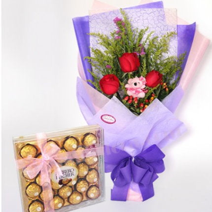 3 Roses Mini bear and 24 PCS Ferrero