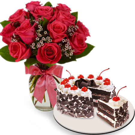 Red Roses with Black Forest Cake