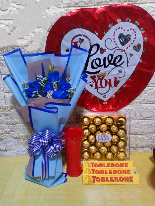 Sprayed Blue Roses with Chocolate and Balloon