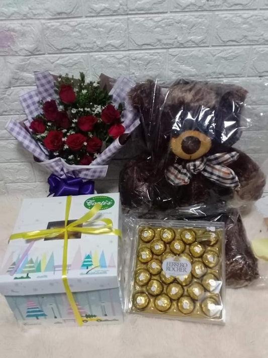 Red Rose, Bear, chocolate with Mango Cake