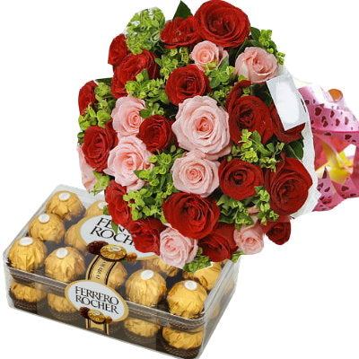 Ferrero Rocher Roz Red & Pink Roses with 30 pcs Ferrero Rocher – Online Flower Express