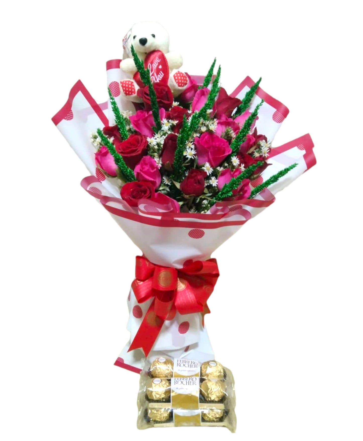 2dz Pink and red roses with Mini Bear and Ferrero