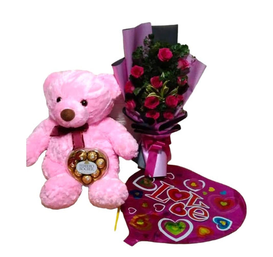 Pink Roses, Bear, Ferrero and Balloon