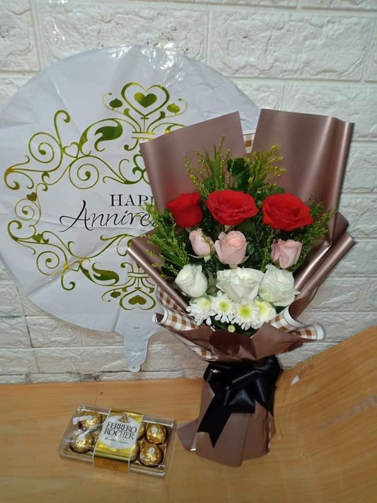 12 Mixed Roses, Ferrero and Balloon